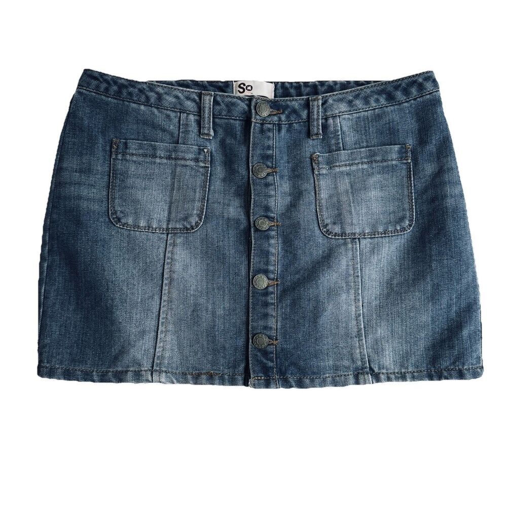 SO Denim Mini Skirt 9 (31x13.5) Medium Blue Jean Button Juniors